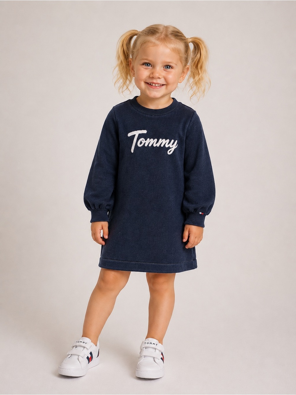 Tommy Hilfiger Girls Navy Tommy Logo Long Sleeve Sweater Dress Sz XXS (2T-3T)